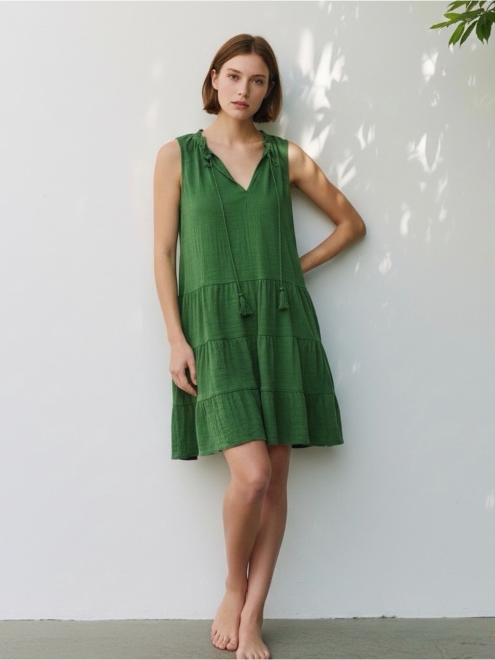 Max Studio Small Sleeveless Tiered Green V-Neck Dress Resort Wear Boho